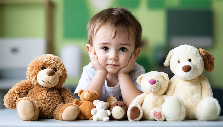 Young child displaying emotional expressions while playing with stuffed animal characters