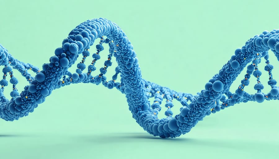 Scientific illustration of DNA structure showing epigenetic changes related to trauma transmission