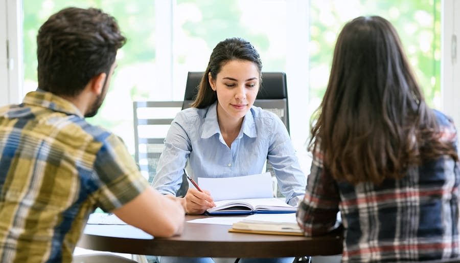 Professional therapist conducting a family therapy session in a welcoming environment