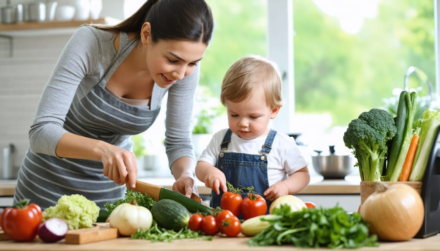 Parent and child exploring fresh vegetables while cooking together