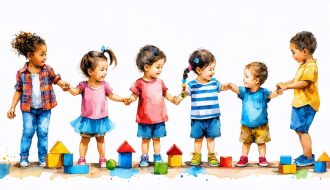 A diverse group of children engaged in activities that foster friendships, depicting play, collaboration, and mutual support, representing the role of peer relationships in shaping identity.