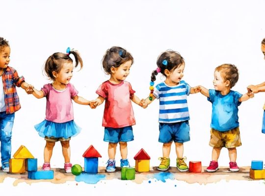 A diverse group of children engaged in activities that foster friendships, depicting play, collaboration, and mutual support, representing the role of peer relationships in shaping identity.
