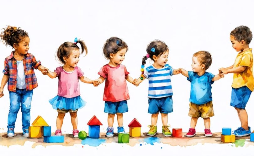A diverse group of children engaged in activities that foster friendships, depicting play, collaboration, and mutual support, representing the role of peer relationships in shaping identity.