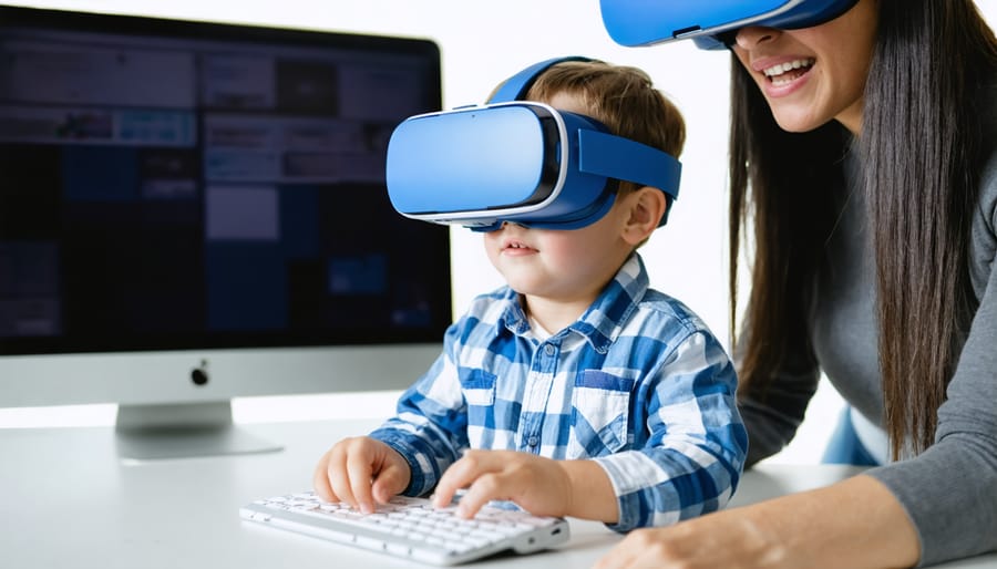 Adult helping child with VR headset while monitoring social skills training on computer screen