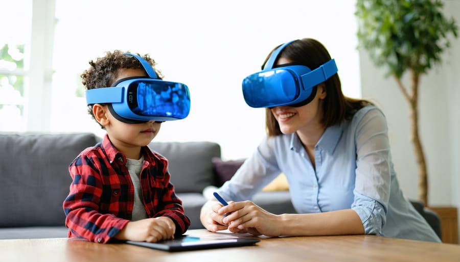Adult helping child with VR headset while monitoring social skills training on computer screen