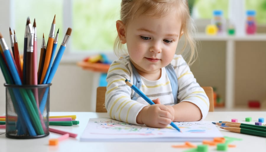 Welcoming therapy room with children's art materials and comfortable seating