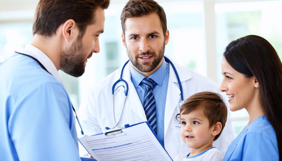 Doctor explaining medical privacy documents to a parent while child sits nearby