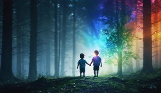 Illustration showing a child standing at the edge of a dark forest, holding hands with an adult, symbolizing a journey from trauma to healing, with a transition from darkness to light.