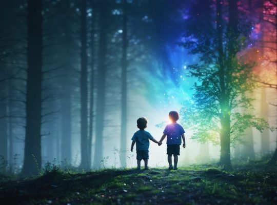 Illustration showing a child standing at the edge of a dark forest, holding hands with an adult, symbolizing a journey from trauma to healing, with a transition from darkness to light.