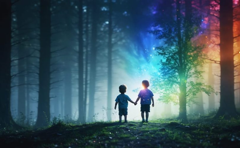 Illustration showing a child standing at the edge of a dark forest, holding hands with an adult, symbolizing a journey from trauma to healing, with a transition from darkness to light.