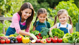 Diverse group of elementary students and a teacher happily working in a school garden, planting vegetables, and learning about nutrition and healthy habits.