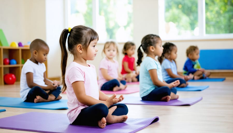 Elementary students practicing meditation and breathing exercises on colorful yoga mats