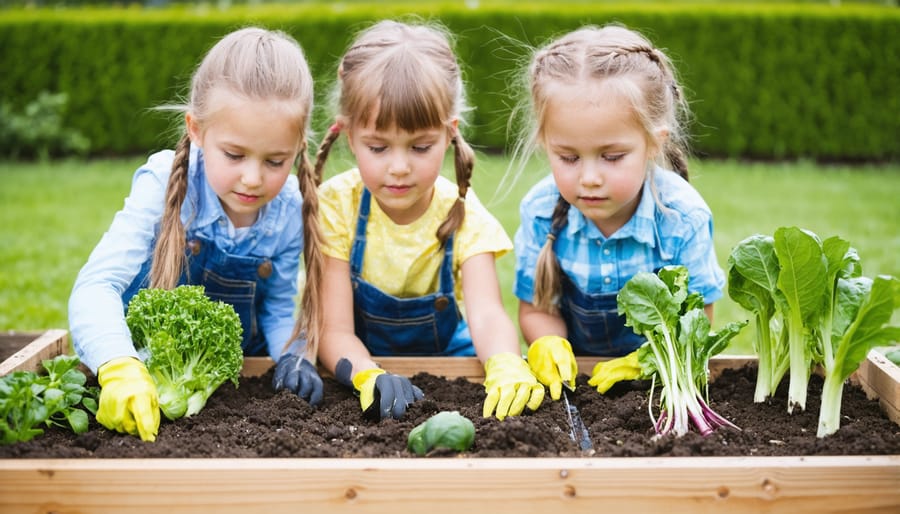Diverse group of young students tending to their school garden with their teacher