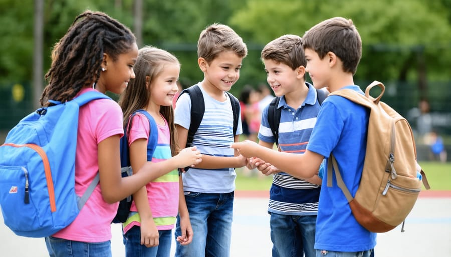 Diverse group of children aged 6-11 playing and socializing together on a playground