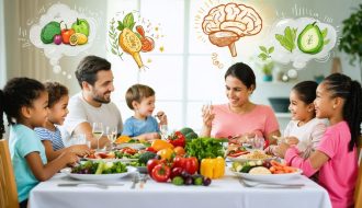 Diverse family enjoying a meal together, with colorful healthy foods on the table, representing the connection between mindful eating and mental wellness.