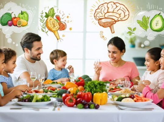 Diverse family enjoying a meal together, with colorful healthy foods on the table, representing the connection between mindful eating and mental wellness.