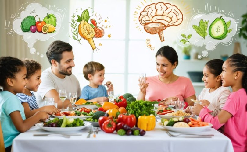 Diverse family enjoying a meal together, with colorful healthy foods on the table, representing the connection between mindful eating and mental wellness.