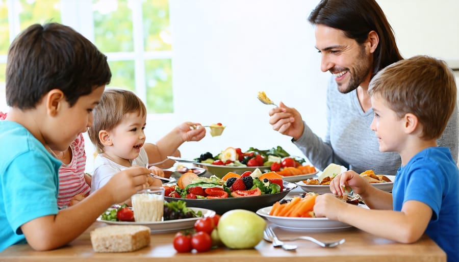 Happy family eating dinner together, focused on their food and conversation