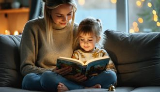 Parent and child sharing a storybook on a cozy couch, illustrating a mindful storytelling opportunity to enhance emotional growth.