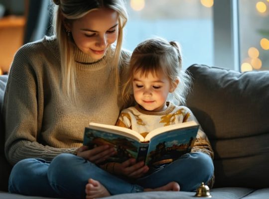 Parent and child sharing a storybook on a cozy couch, illustrating a mindful storytelling opportunity to enhance emotional growth.