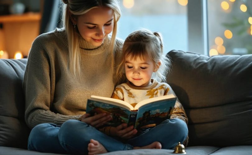 Parent and child sharing a storybook on a cozy couch, illustrating a mindful storytelling opportunity to enhance emotional growth.
