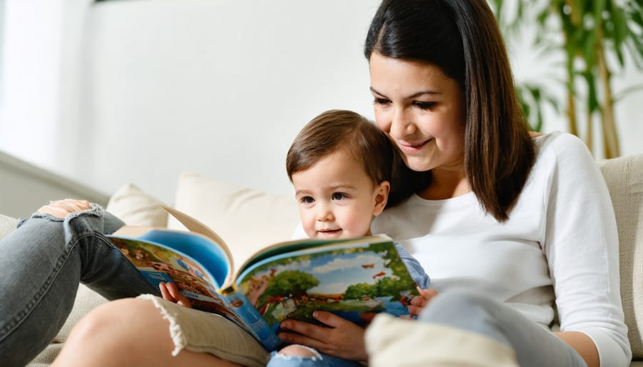 Parent and child sharing a mindful storytelling moment on a cozy couch