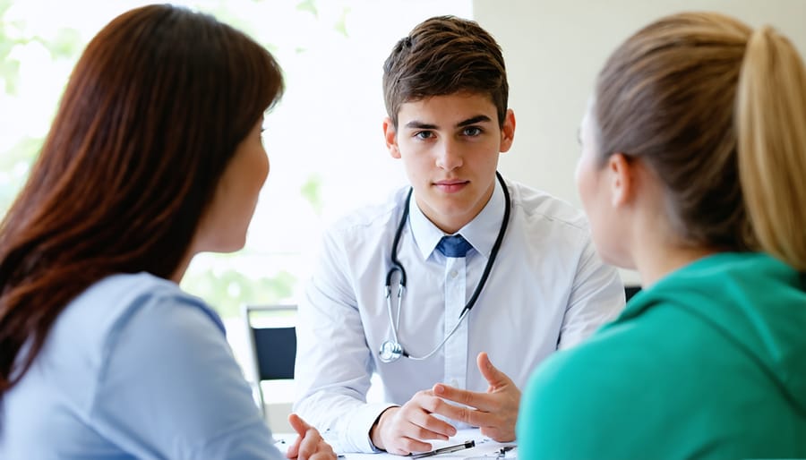 Mental health professional meeting with teenager and parent in therapy office setting