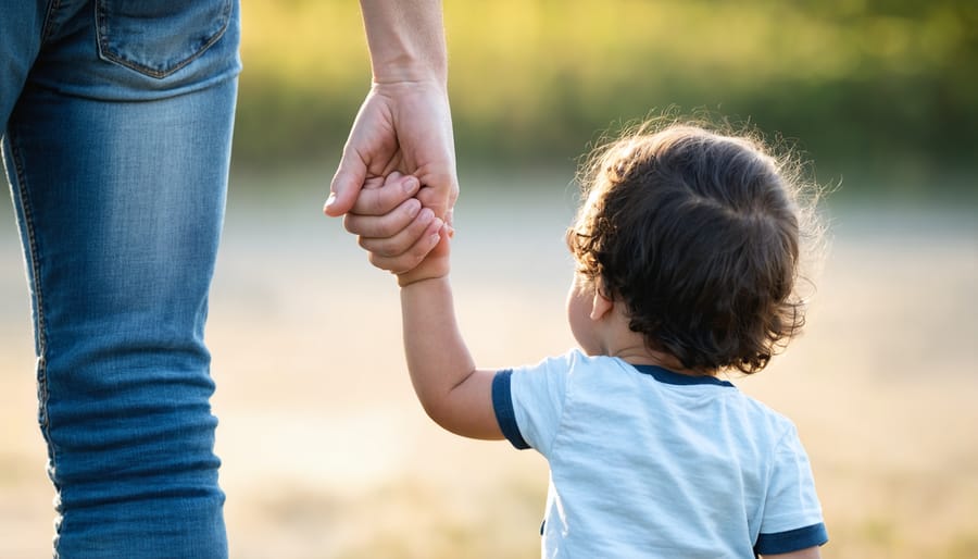 A parent and child walking together, both showing signs of anxiety and tension