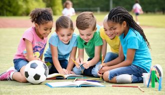 A group of diverse middle school children on a playground, engaging in a collaborative activity. They are smiling and interacting, symbolizing friendship and social skills development.