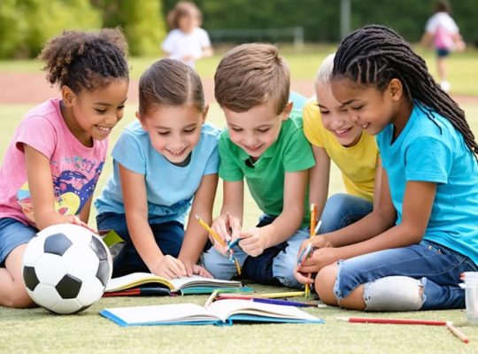 A group of diverse middle school children on a playground, engaging in a collaborative activity. They are smiling and interacting, symbolizing friendship and social skills development.