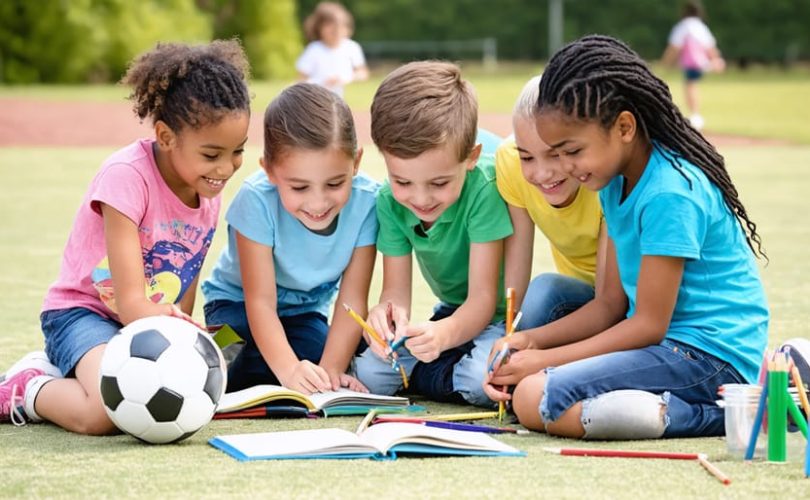 A group of diverse middle school children on a playground, engaging in a collaborative activity. They are smiling and interacting, symbolizing friendship and social skills development.