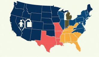 Artistic map of the United States with each state color-coded to show differences in mental health privacy laws, featuring symbols of healthcare and privacy like a shield and lock.