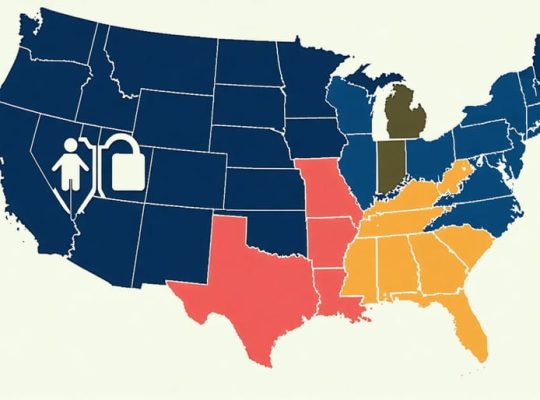 Artistic map of the United States with each state color-coded to show differences in mental health privacy laws, featuring symbols of healthcare and privacy like a shield and lock.