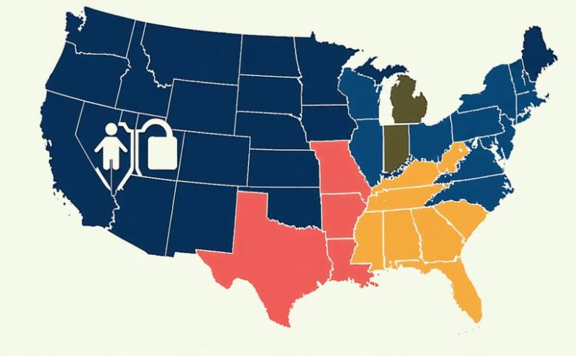 Artistic map of the United States with each state color-coded to show differences in mental health privacy laws, featuring symbols of healthcare and privacy like a shield and lock.