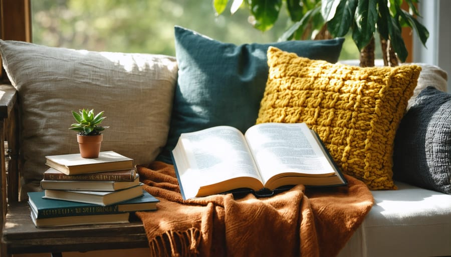 Inviting children's reading corner with storytelling materials and comfortable seating
