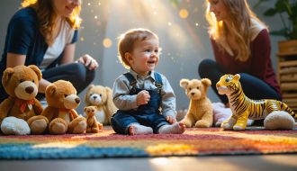 A young child enthusiastically engaged in storytelling play with stuffed animals and toys, exploring imaginative scenarios with parental support.