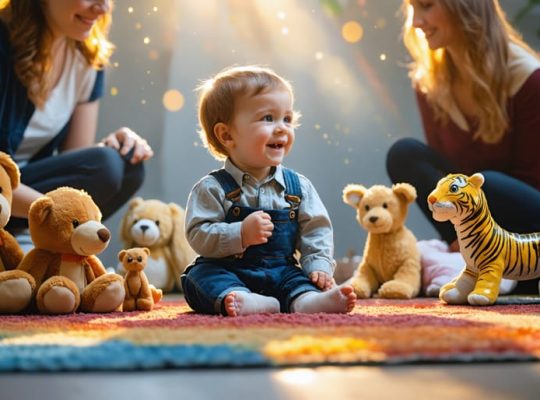 A young child enthusiastically engaged in storytelling play with stuffed animals and toys, exploring imaginative scenarios with parental support.