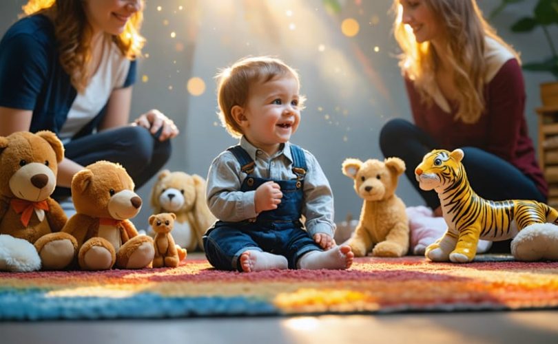 A young child enthusiastically engaged in storytelling play with stuffed animals and toys, exploring imaginative scenarios with parental support.
