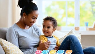 A parent sitting on a couch with their child, actively listening and making eye contact, demonstrating warm and engaging body language in a home setting that promotes open communication.
