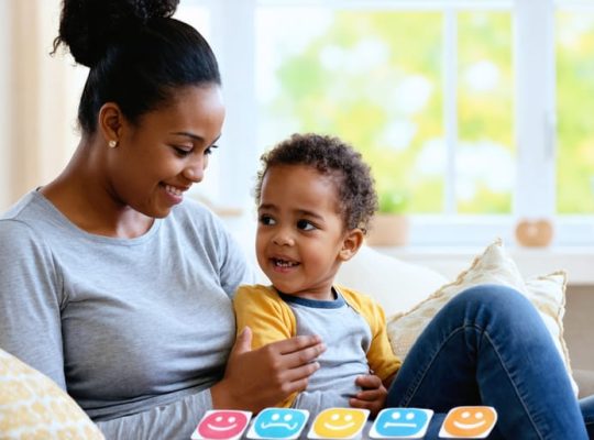 A parent sitting on a couch with their child, actively listening and making eye contact, demonstrating warm and engaging body language in a home setting that promotes open communication.