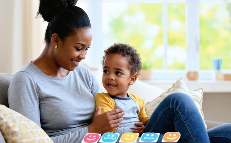 A parent sitting on a couch with their child, actively listening and making eye contact, demonstrating warm and engaging body language in a home setting that promotes open communication.