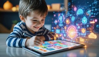 A young student engaging with a dynamic AI-powered learning app on a tablet, surrounded by abstract symbols representing cognitive development and modern education technology.