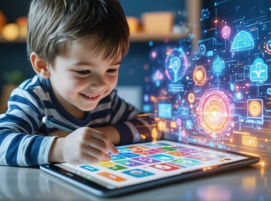 A young student engaging with a dynamic AI-powered learning app on a tablet, surrounded by abstract symbols representing cognitive development and modern education technology.