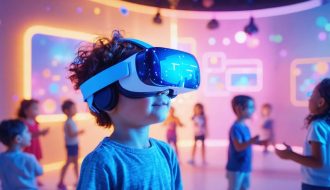 Child immersed in virtual reality environment, surrounded by animated avatars engaging in social interactions, showcasing VR's role in enhancing social skills.