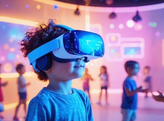 Child immersed in virtual reality environment, surrounded by animated avatars engaging in social interactions, showcasing VR's role in enhancing social skills.