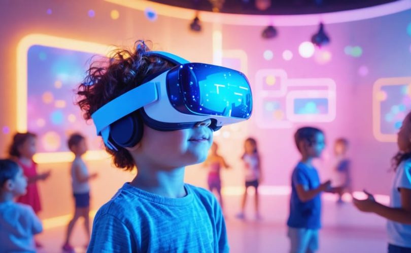 Child immersed in virtual reality environment, surrounded by animated avatars engaging in social interactions, showcasing VR's role in enhancing social skills.