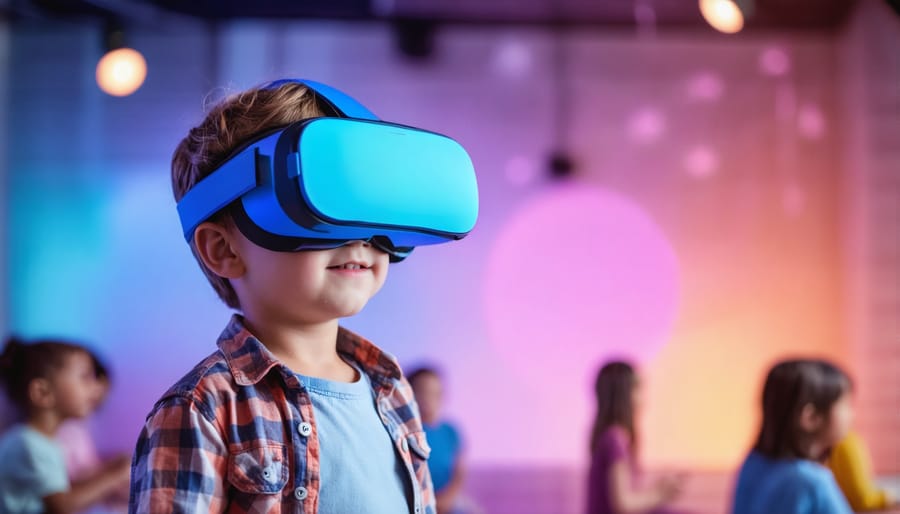 Young person using virtual reality headset with animated social interaction scene visible on adjacent screen
