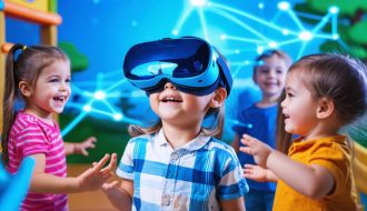 Child wearing a VR headset engaging with avatars in a virtual playground, symbolizing social skill practice in a digital environment.