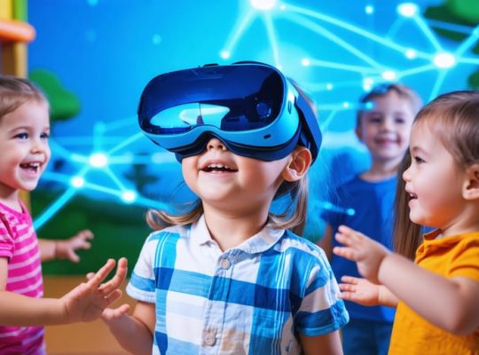 Child wearing a VR headset engaging with avatars in a virtual playground, symbolizing social skill practice in a digital environment.