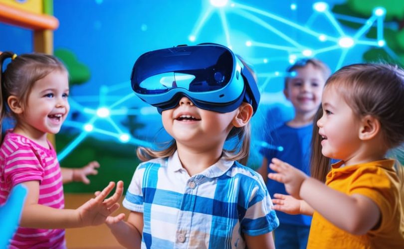 Child wearing a VR headset engaging with avatars in a virtual playground, symbolizing social skill practice in a digital environment.